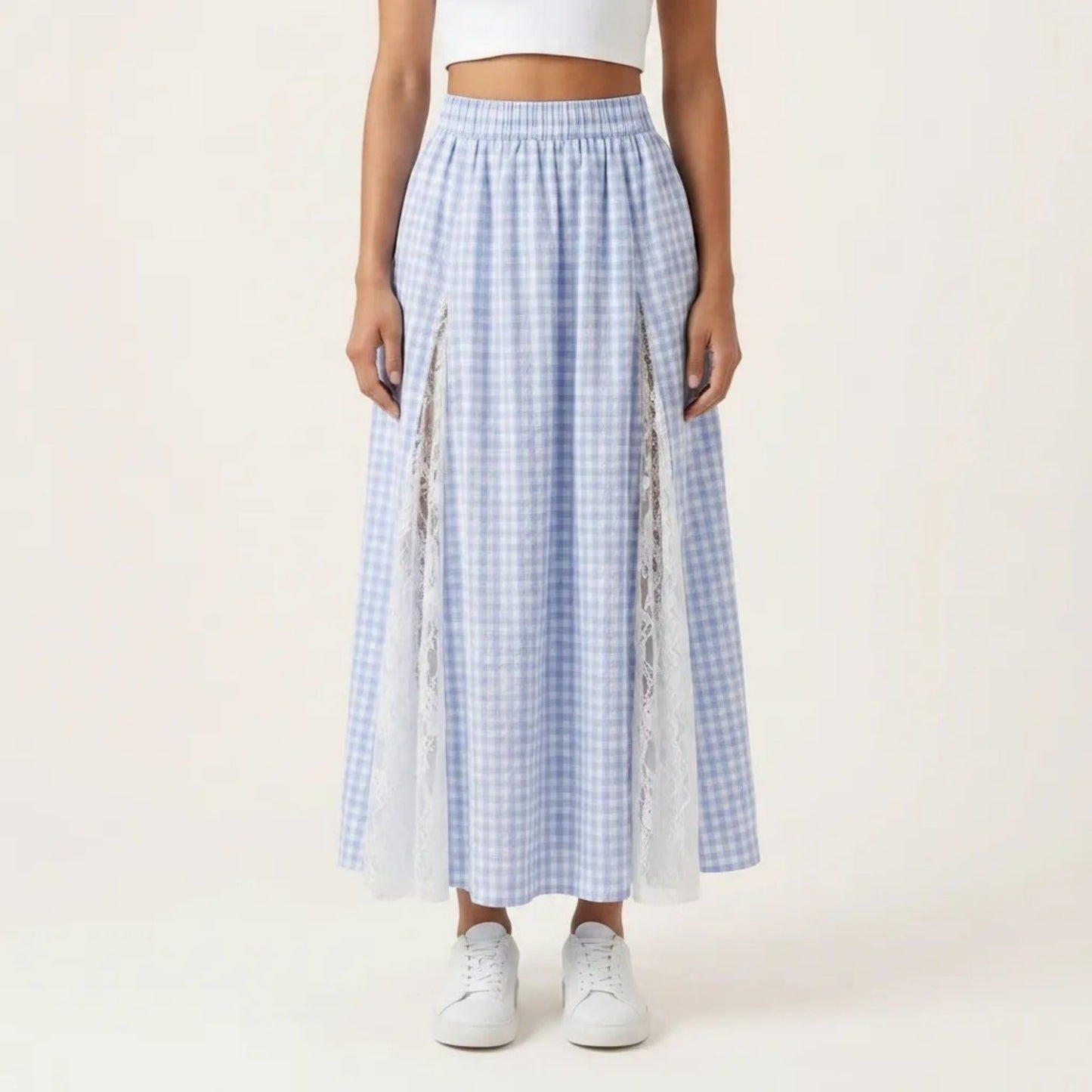Gingham Maxi Skirt Lace Panel High Waist A Line Flowy Lightweight Casual Skirt