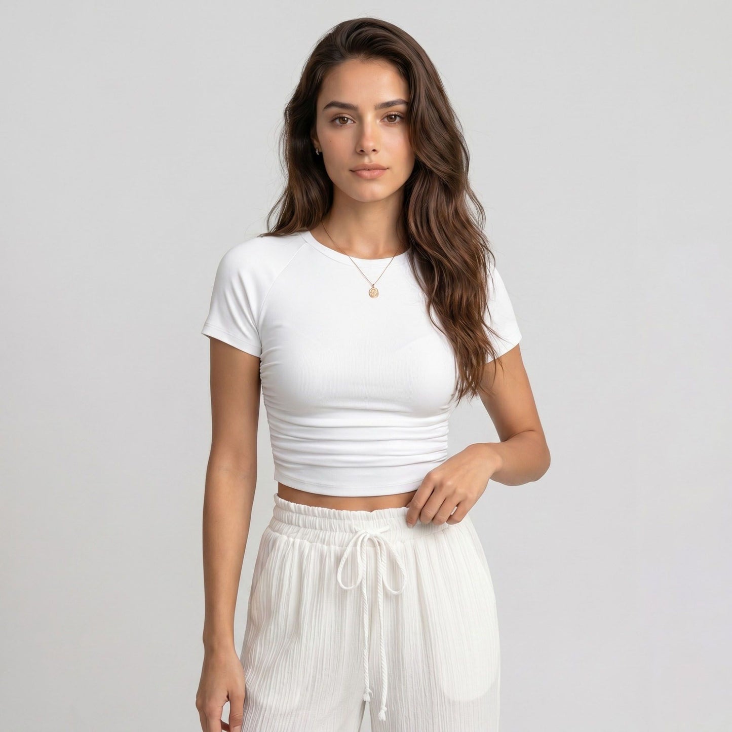 White Crinkle Wide Leg Pants Elastic Drawstring Waist Lace Trim Boho Trousers