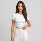 White Crinkle Wide Leg Pants Elastic Drawstring Waist Lace Trim Boho Trousers