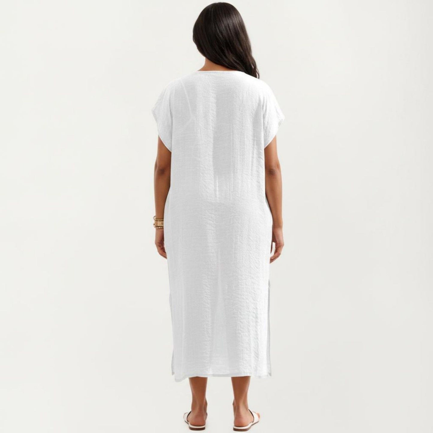 Maxi Swim Cover Up Dress with Crochet Trim V Neck Short Sleeves Relaxed Lightweight Fit