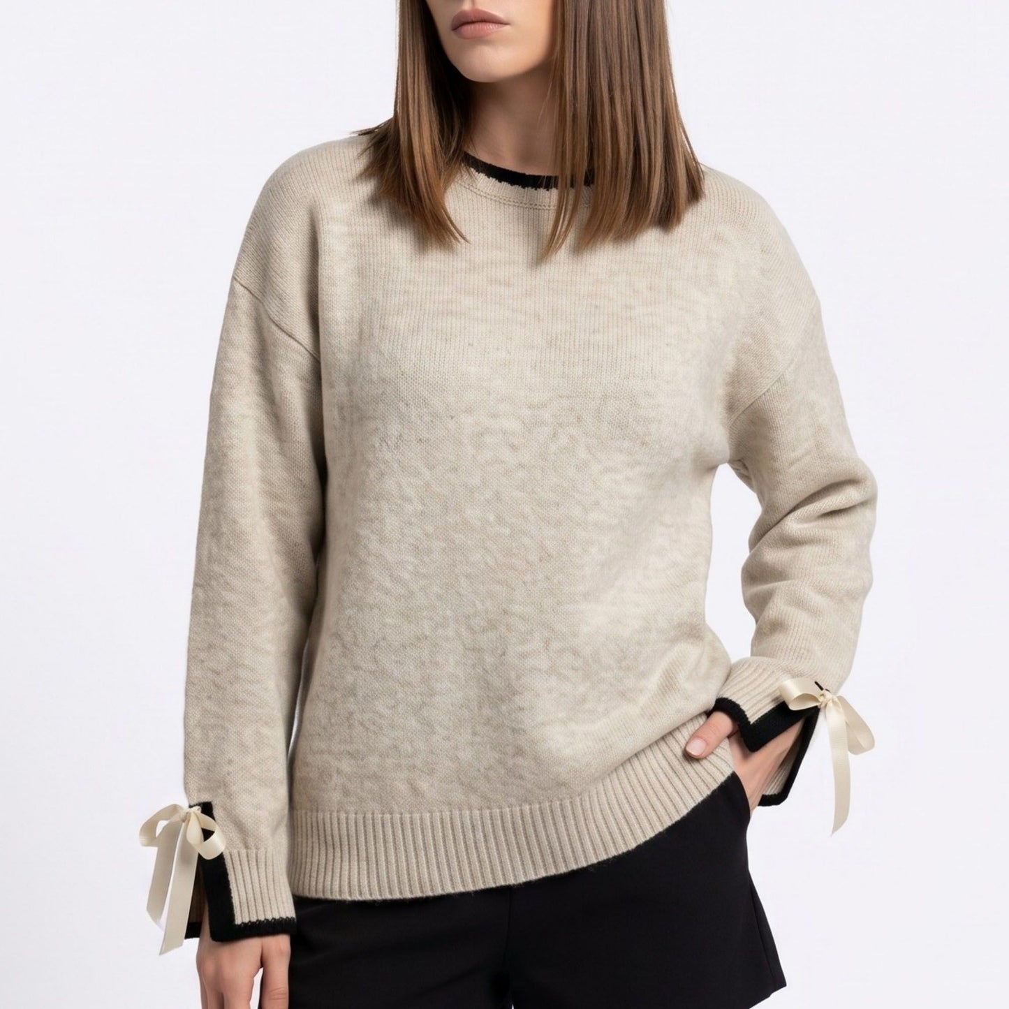 Contrast Trim Crewneck Sweater with Bow Tie Cuffs