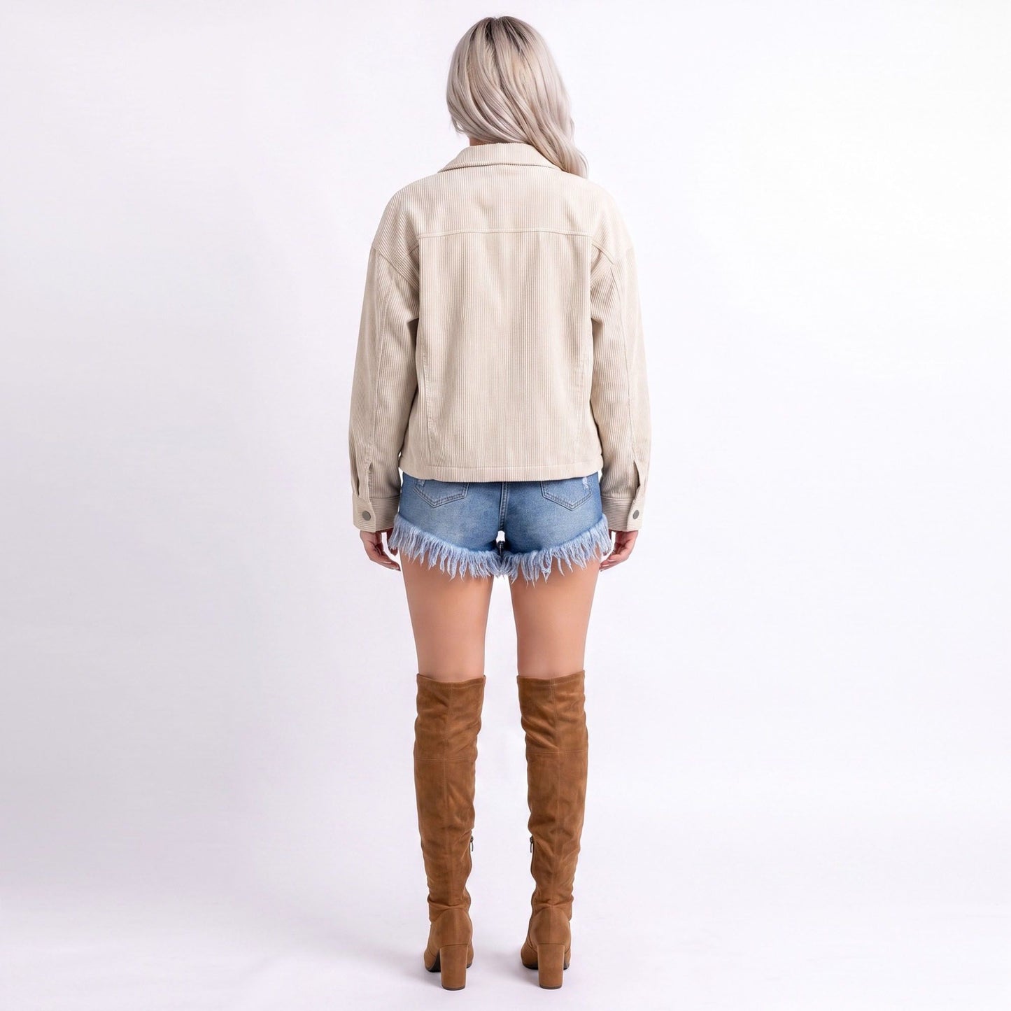 Cropped Button Front Shirt Jacket with Patch Pockets