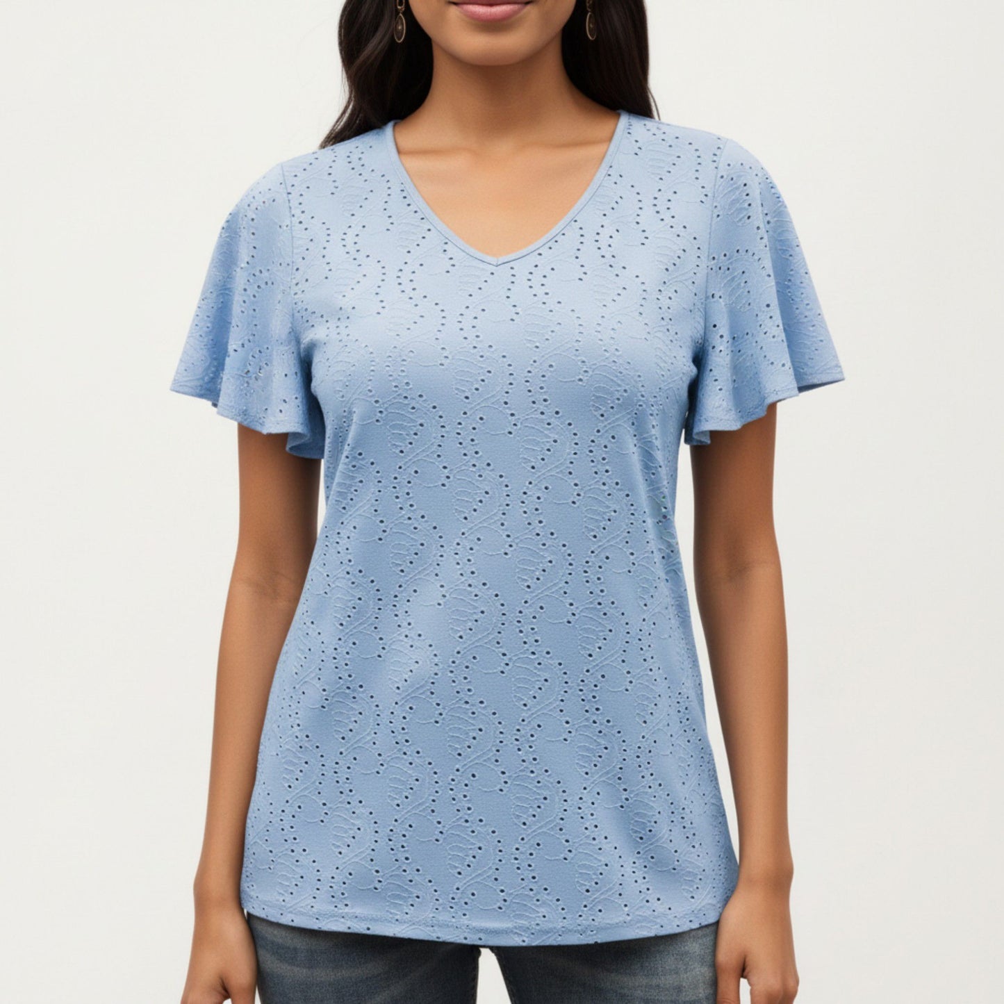 Short Sleeve Eyelet V-Neck Top with Floral Embroidery and Flutter Sleeves