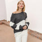 Off-Shoulder Color Block Knit Sweater with Long Sleeves