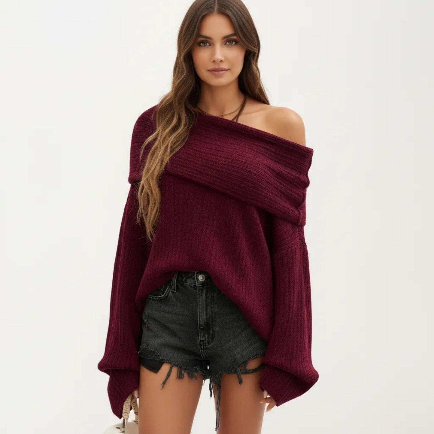 Off-Shoulder Ribbed Knit Sweater Top with Foldover Neckline and Soft Relaxed Fit for a Chic Textured Look