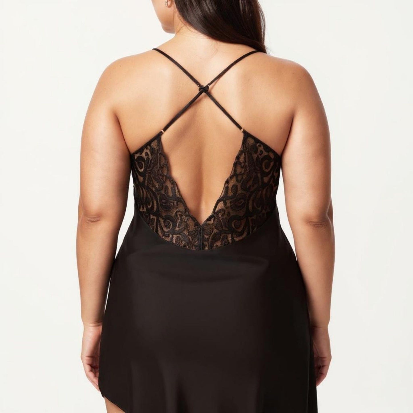 Plus Size Lace Panel Slip Nightgown with Adjustable Spaghetti Straps V Neck Asymmetrical Hem Sleepwear