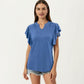 Short Sleeve Top with Flutter Ruffle Sleeves and Split V Neck Relaxed Fit Casual Shirt