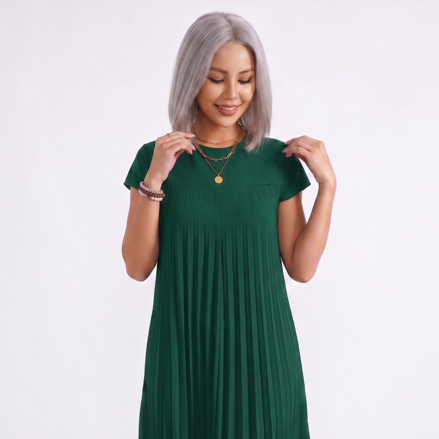 Crew Neck Short Sleeve Accordion Pleated Midi Dress