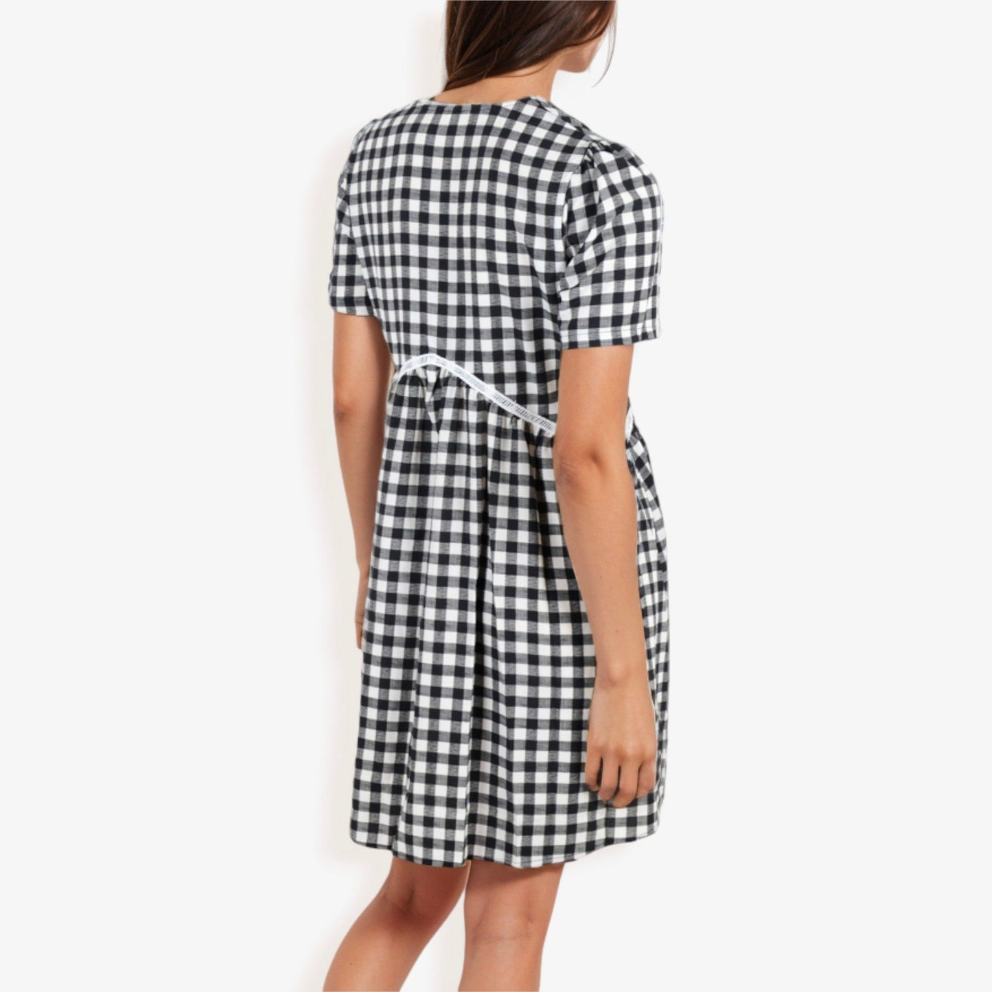 Gingham V-Neck Short Sleeve Dress Empire Waist Lace Trim