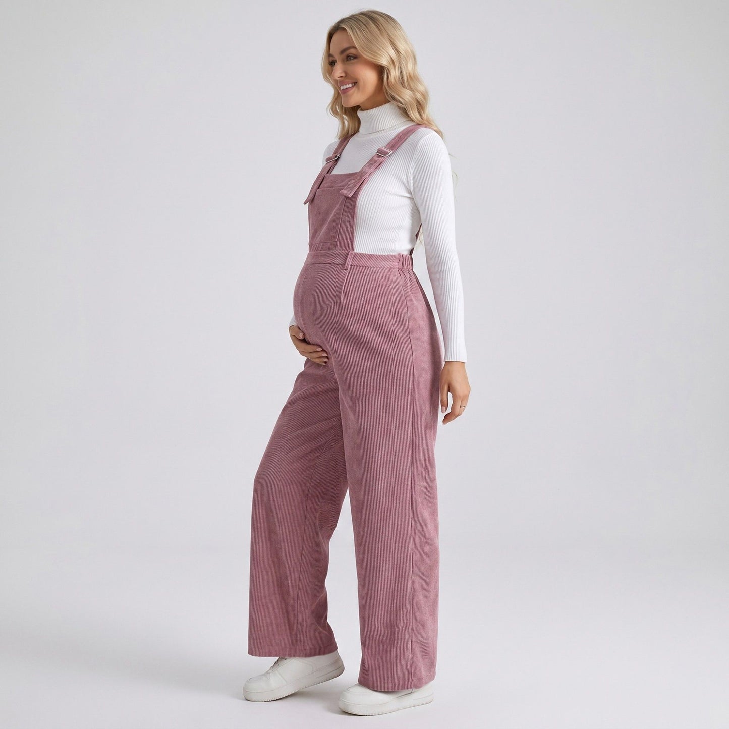 Maternity Corduroy Overall Jumpsuit with Adjustable Straps and Wide Leg Fit