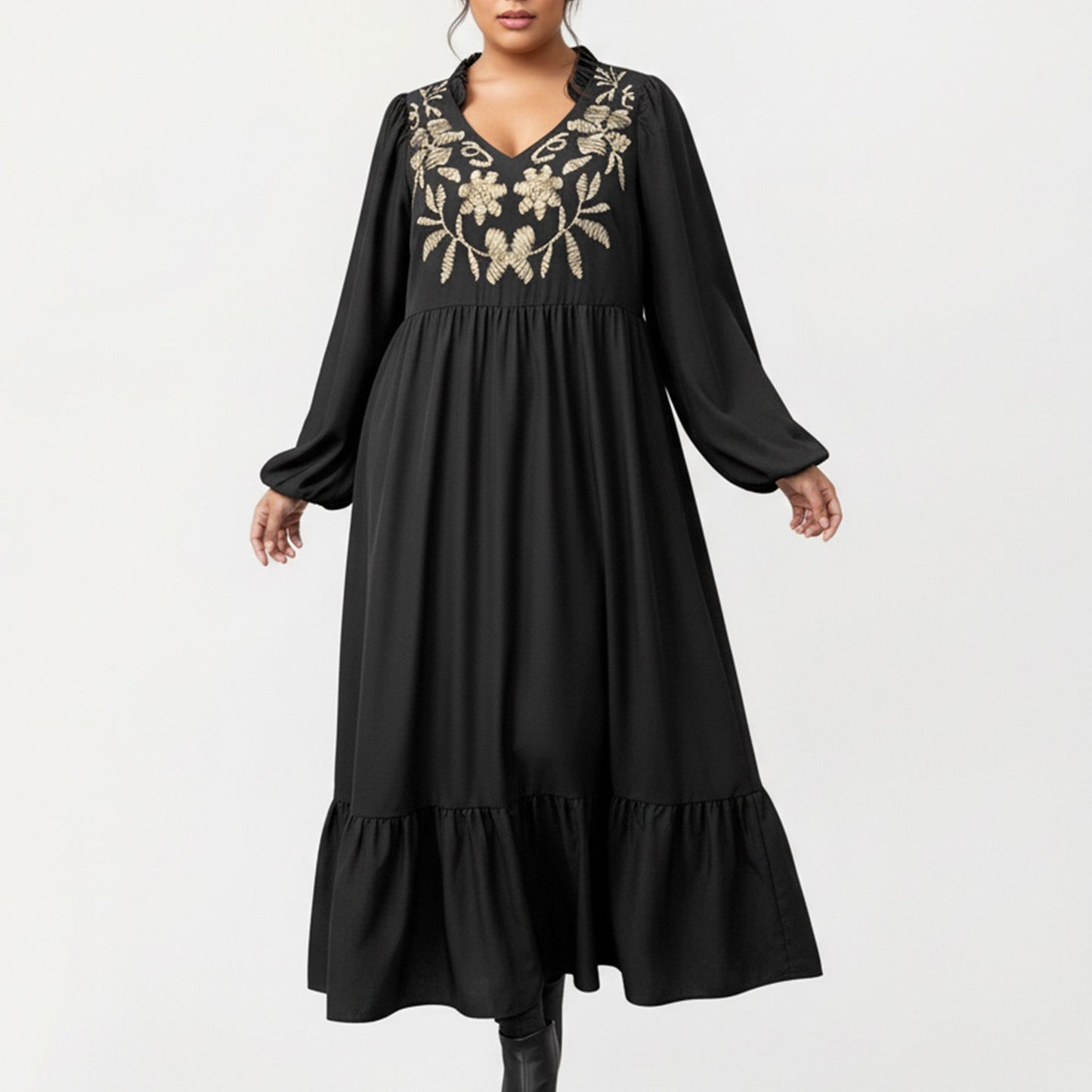 Plus Size Long Sleeve V Neck Dress with Floral Embroidered Bodice and Flowy Tiered Skirt