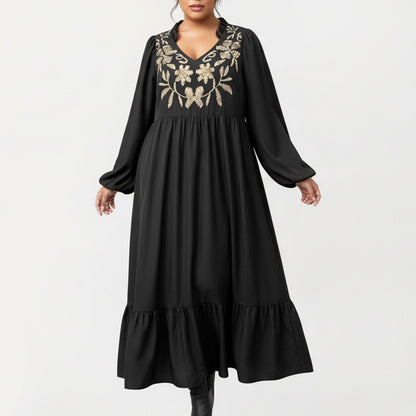 Plus Size Long Sleeve V Neck Dress with Floral Embroidered Bodice and Flowy Tiered Skirt
