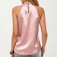 Satin Halter Top with Faux Pearl Neckline and Smooth Draped Finish