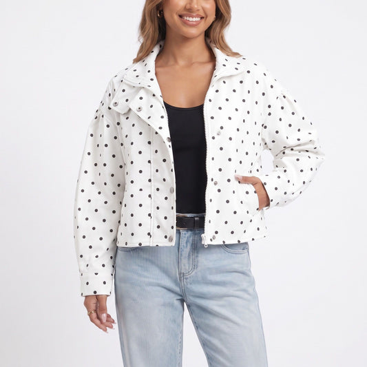 Polka Dot Stand Collar Cropped Jacket Snap Front Relaxed Fit Long Sleeve