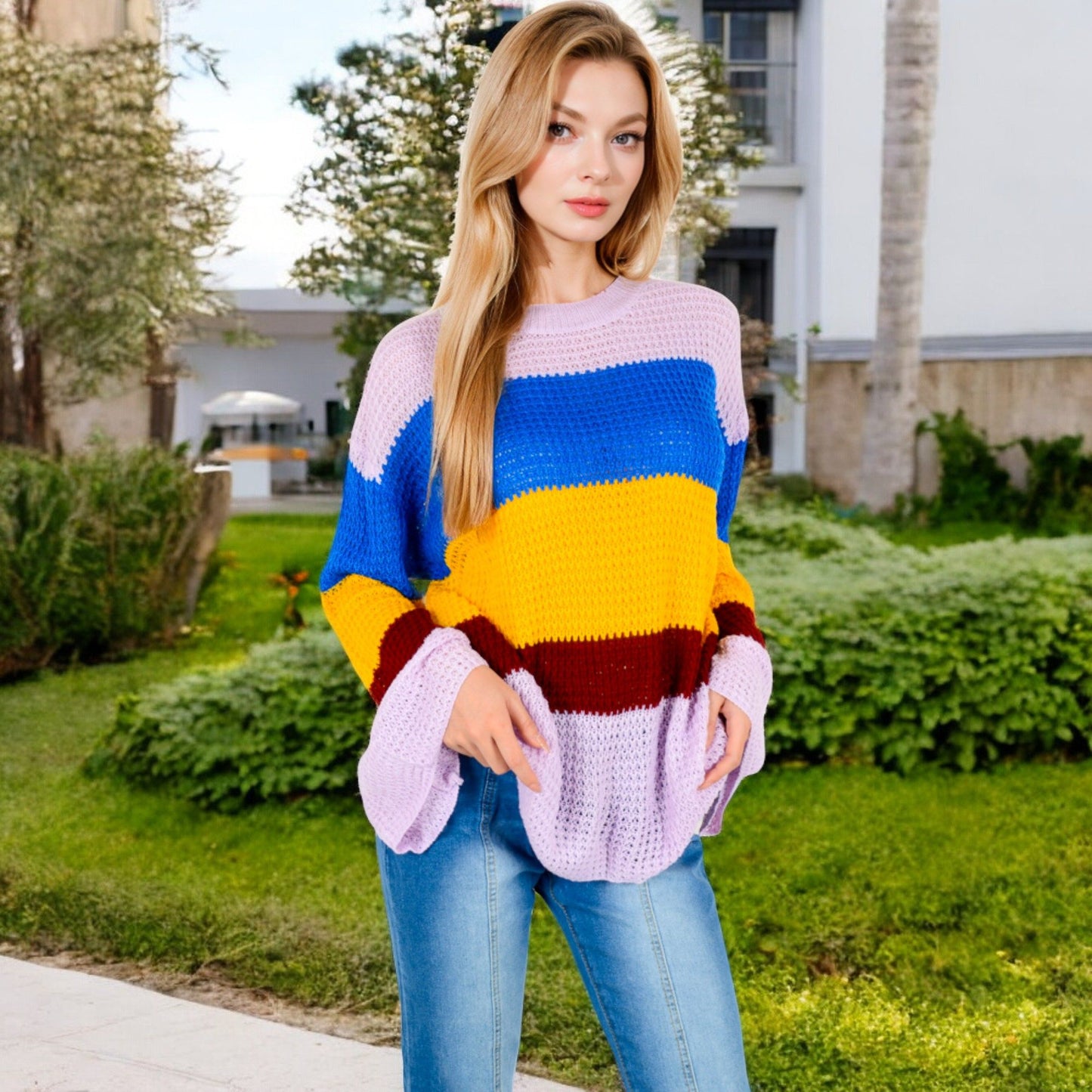 Striped Knit Sweater with Bell Sleeves and Colorful Details