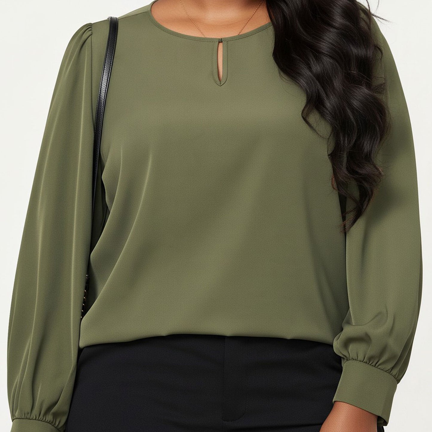 Plus Size Long Sleeve Keyhole Neck Pullover Blouse with Soft Draped Fabric and Relaxed Fit