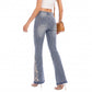 Striped Flare Jeans Floral Embroidered Denim Pants