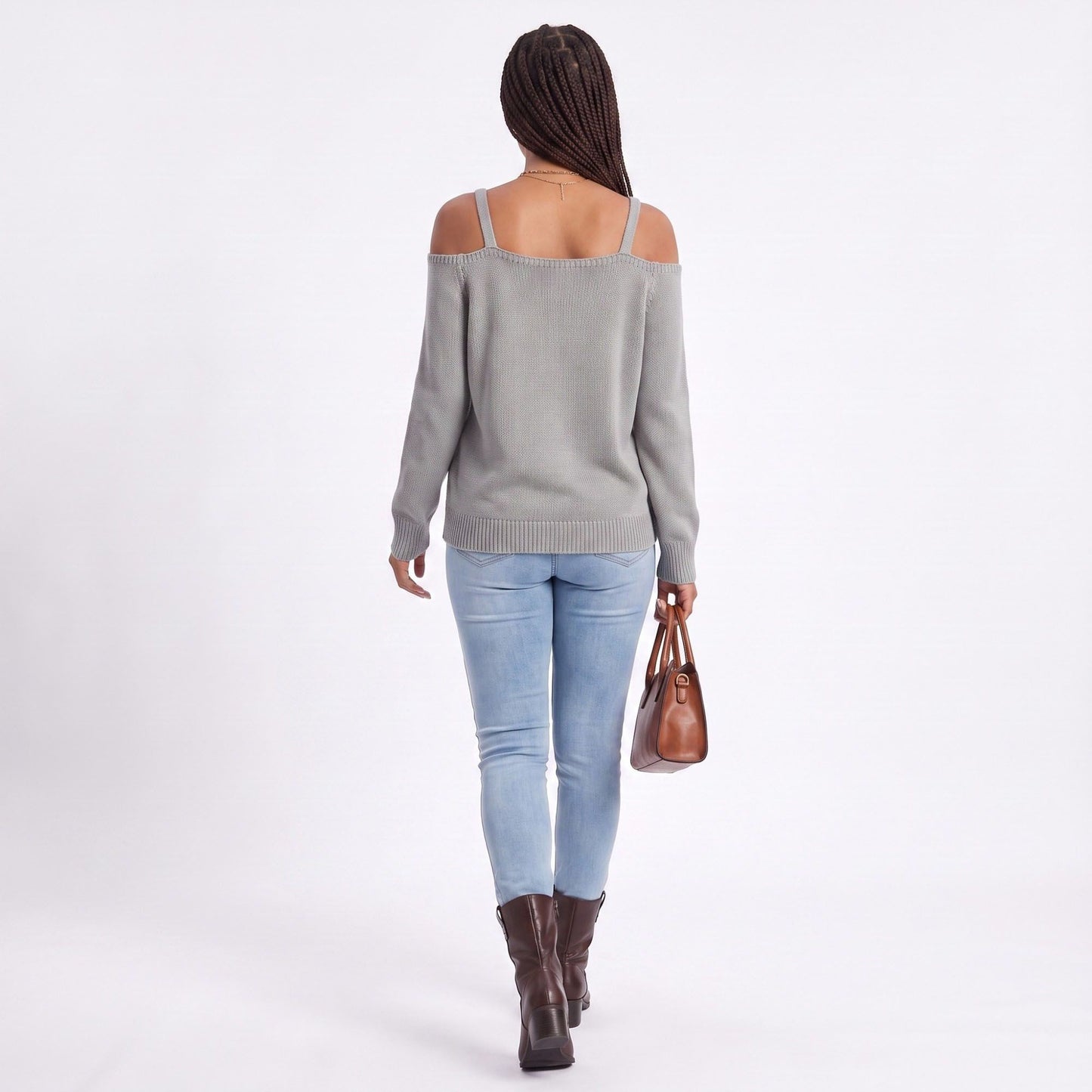 Cold Shoulder Strap Argyle Textured Long Sleeve Knit Sweater