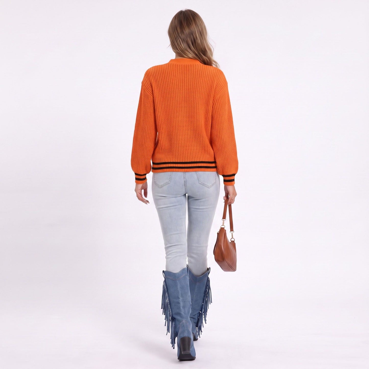 Cutout V Neck Cable Knit Long Sleeve Sweater with Contrast Stripe Trim