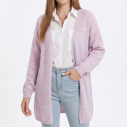 Long Open Front Knit Cardigan with Drop Shoulders