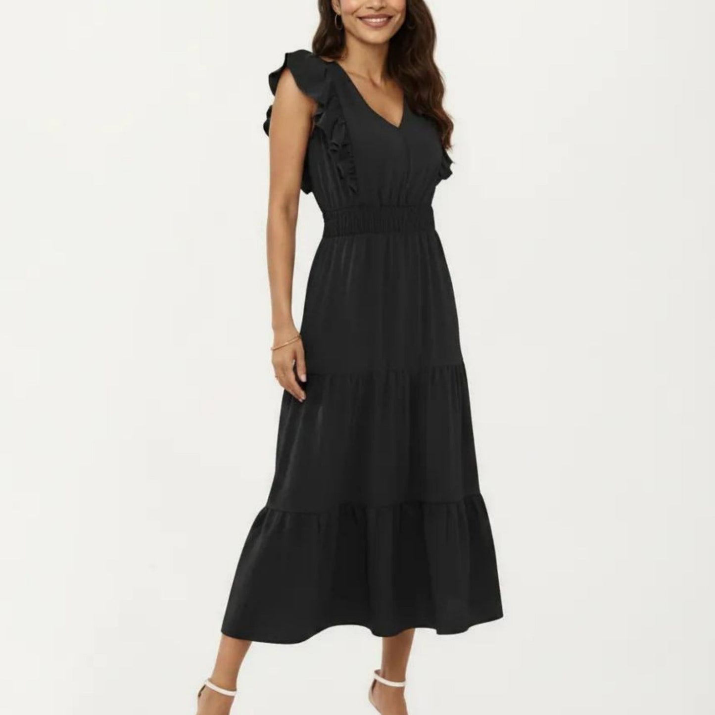 Tiered Midi Dress with Ruffle Sleeves and Smocked Waist