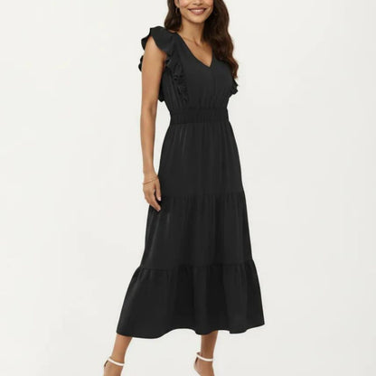 Tiered Midi Dress with Ruffle Sleeves and Smocked Waist