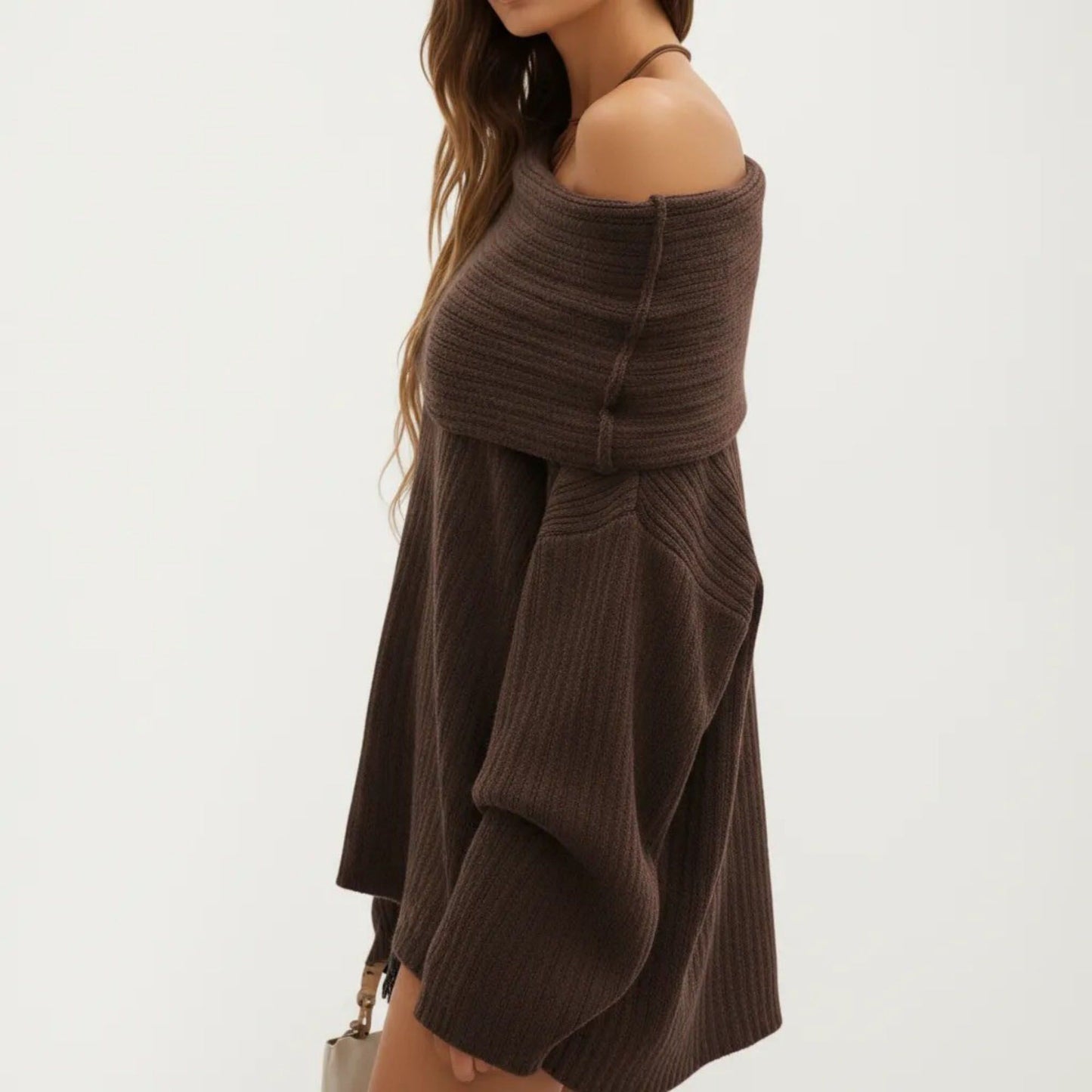 Off-Shoulder Ribbed Knit Sweater Top with Foldover Neckline and Soft Relaxed Fit for a Chic Textured Look