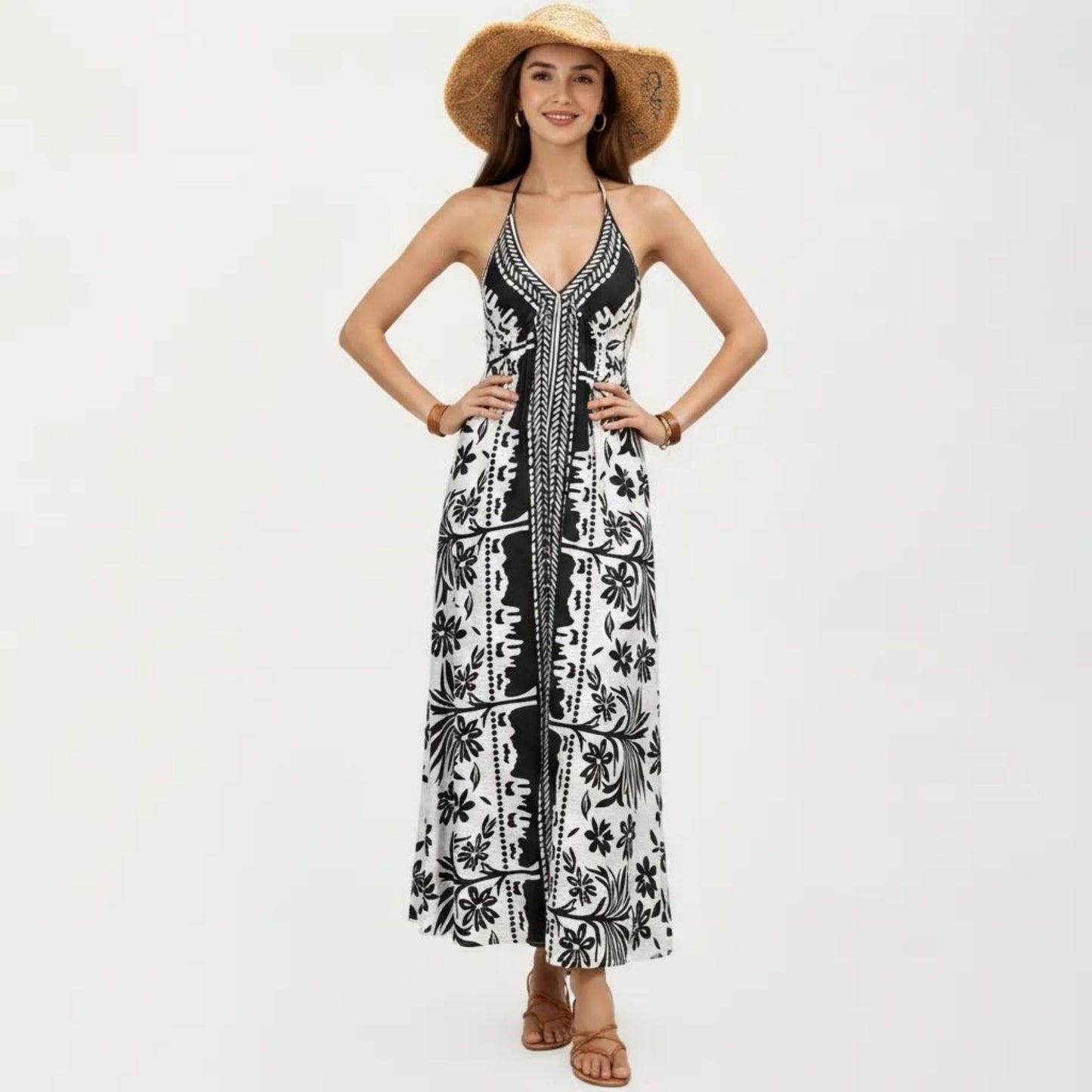 Halter Neck Maxi Dress with Open Back Tie Design Flowy Printed Long Dress