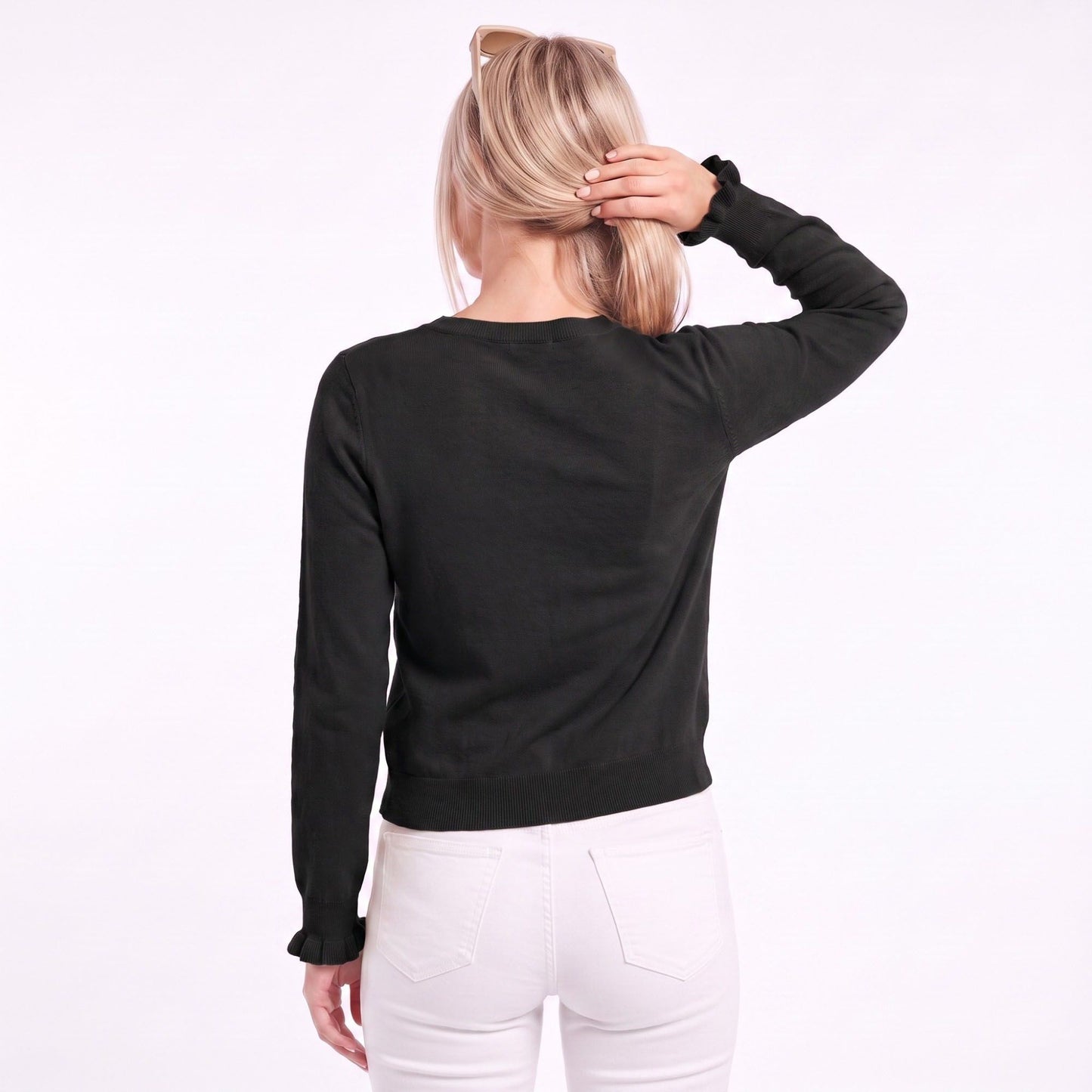 Ruffle Trim Button-Front Knit Cardigan