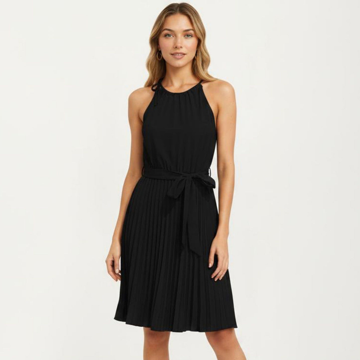 Sleeveless Halter Midi Dress with Pleated Skirt and Waist Tie