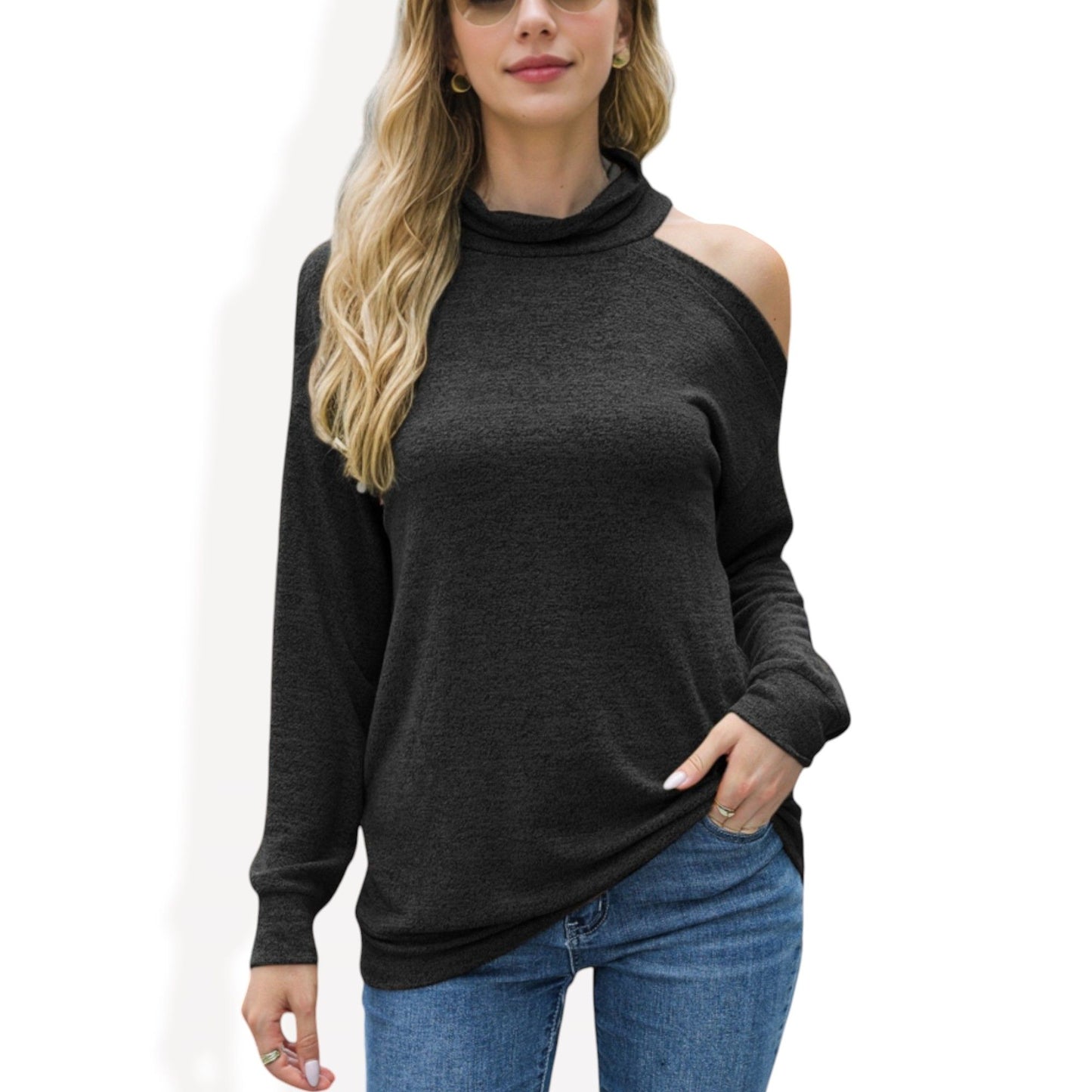 Cold Shoulder Long Sleeve Top with Cowl Neck Detail