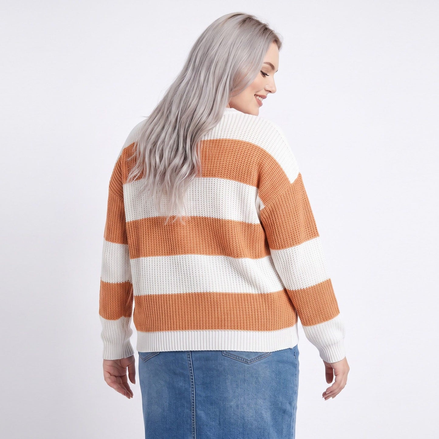 Plus Size Striped Crewneck Relaxed Fit Sweater