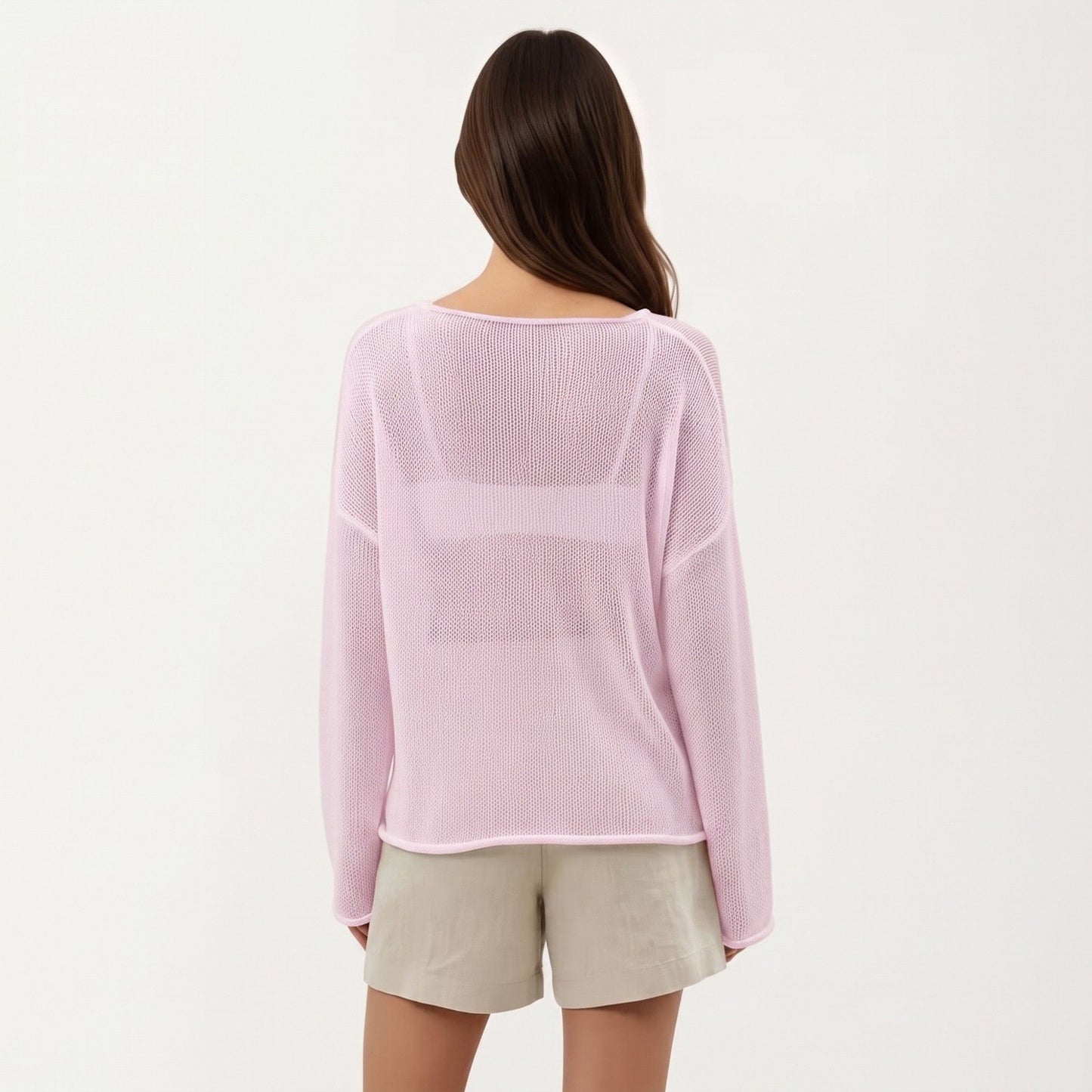 Women's Lightweight Open Knit Long Sleeve Sweater Top with Relaxed Fit and Subtle Sheer Texture