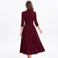 Three Quarter Sleeve Belted Midi Dress with Pleated A Line Skirt