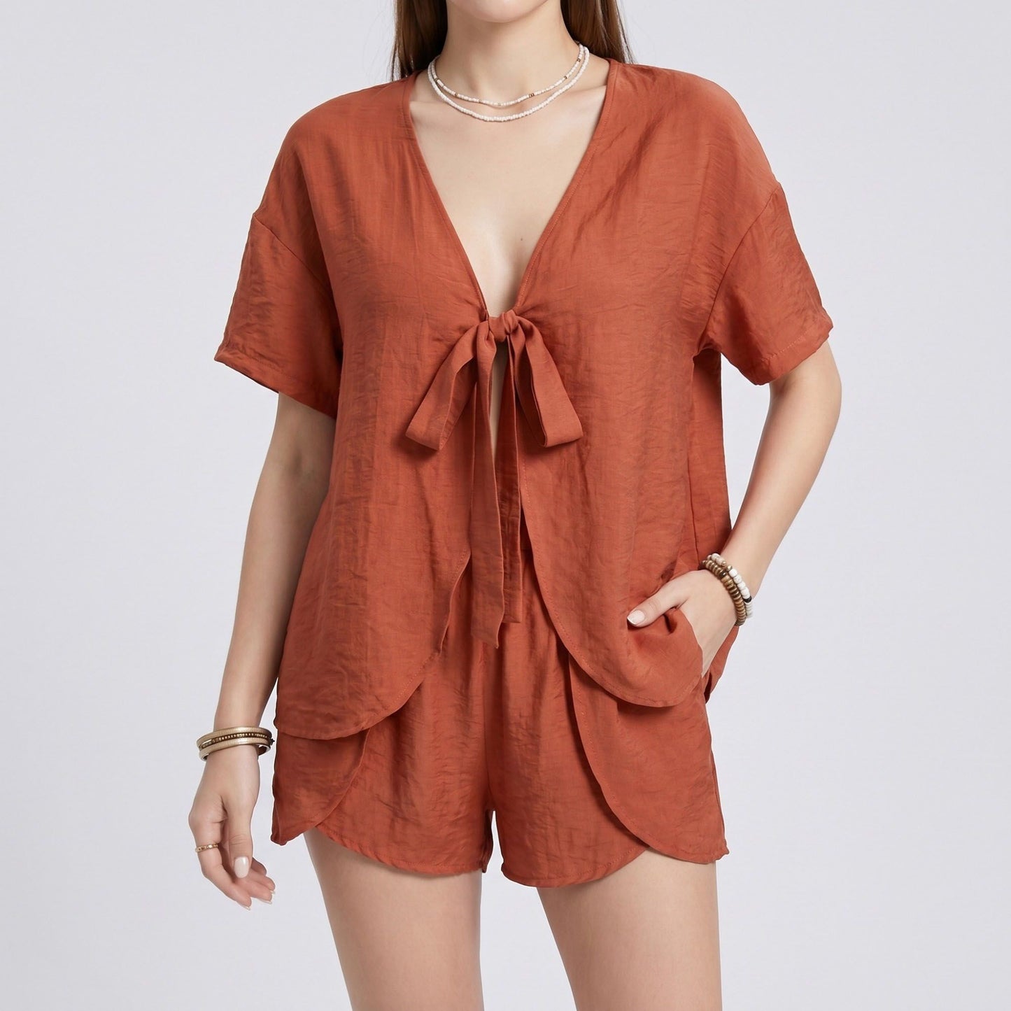 2-Piece Summer Lounge Set with Tie-Front V-Neck Top Short Sleeves and Curved Hem Shorts