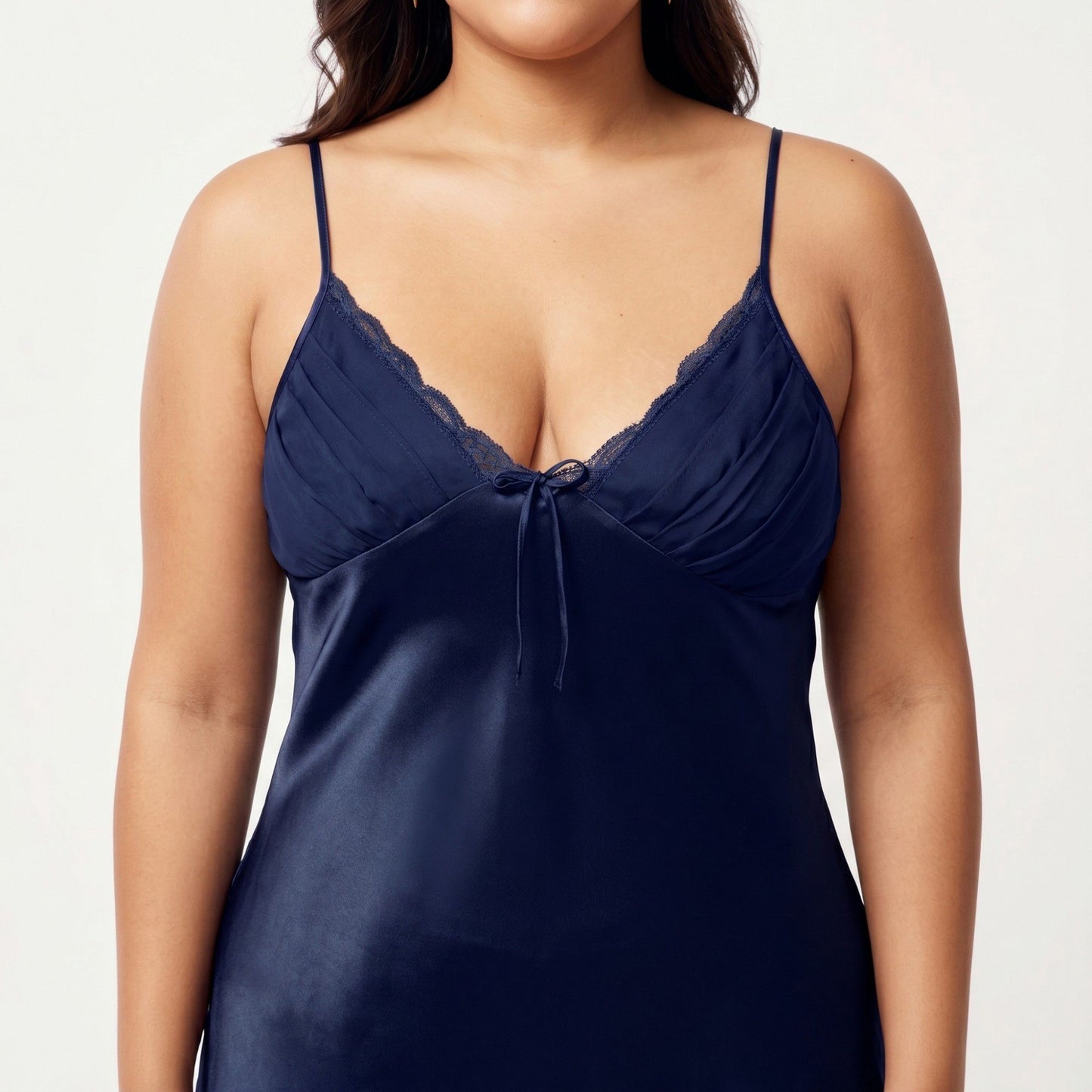Plus Size Satin Chemise Nightgown with Lace Trim Neckline Adjustable Straps Side Slit Slip Dress