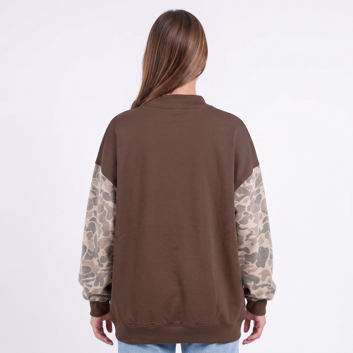 Camo Sleeve Mock Neck Long Sleeve Pullover Sweatshirt