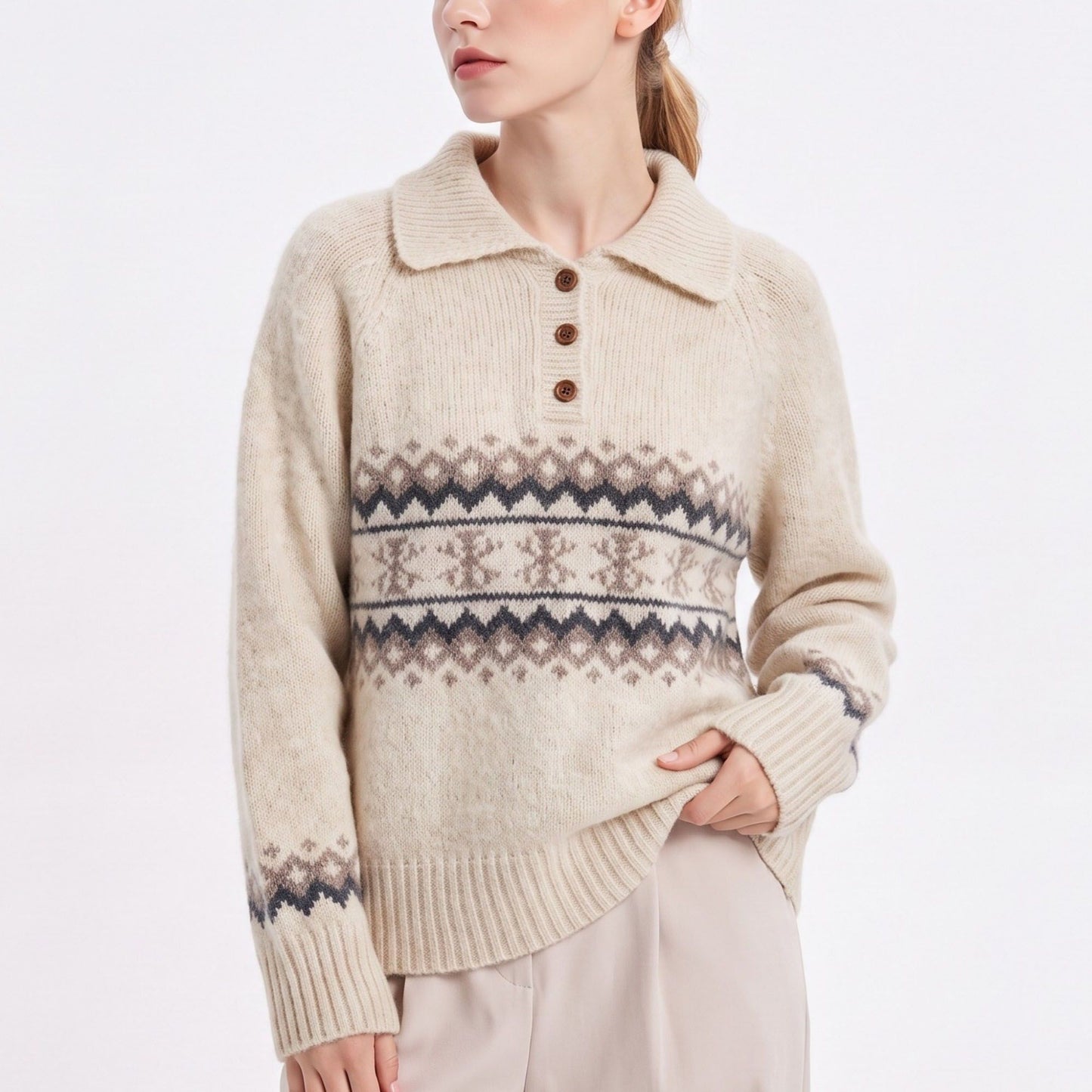 Fair Isle Collared Henley Pullover Sweater