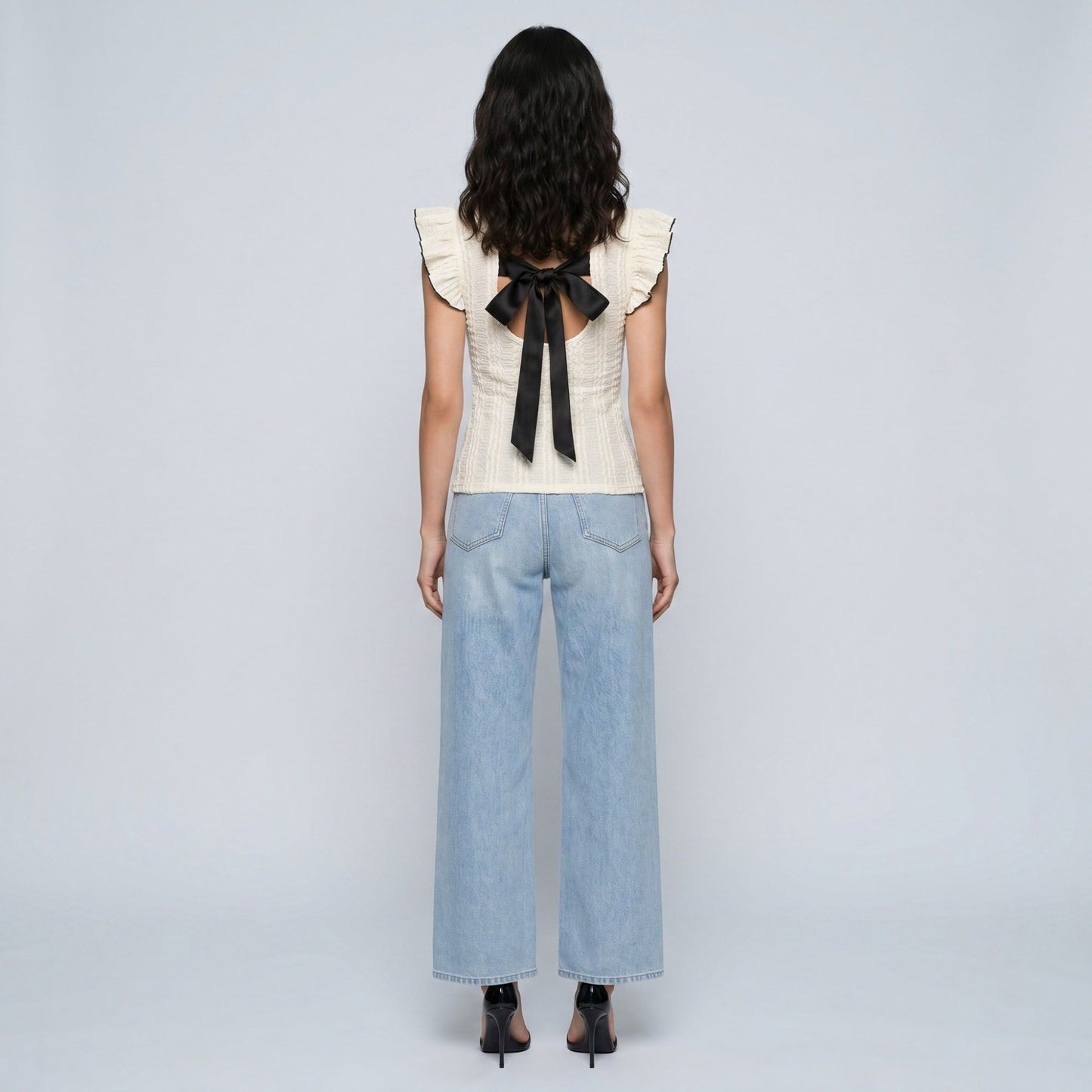 Textured Flutter Sleeve Crewneck Top with Open Back Black Bow Tie