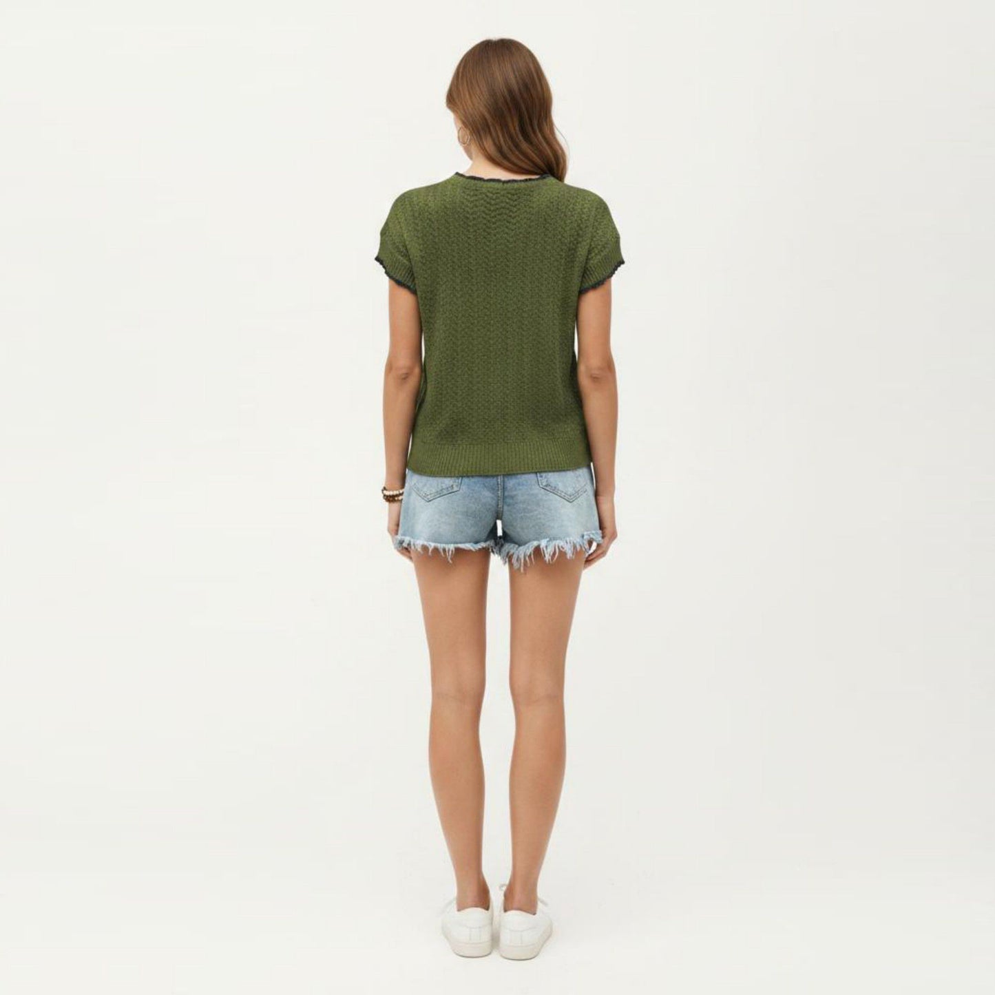 Short Sleeve Knit Cardigan Top with V-Neck Tie Front and Contrast Trim