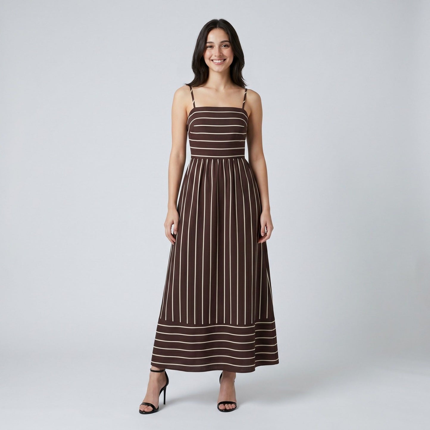 Striped Square Neck Sleeveless Maxi Dress with Fitted Bodice Adjustable Straps and Flowy Tiered A-Line Skirt