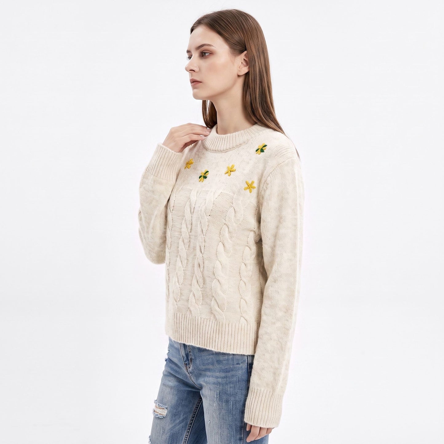 Floral Embroidered Cable Knit Crewneck Sweater