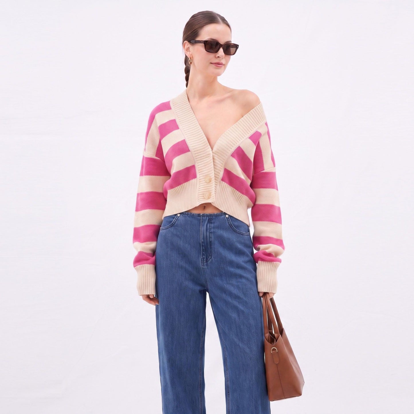 Striped V-Neck Cropped Cardigan Sweater