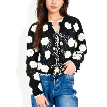 Crochet Knit Cardigan with Tassel Tie Front