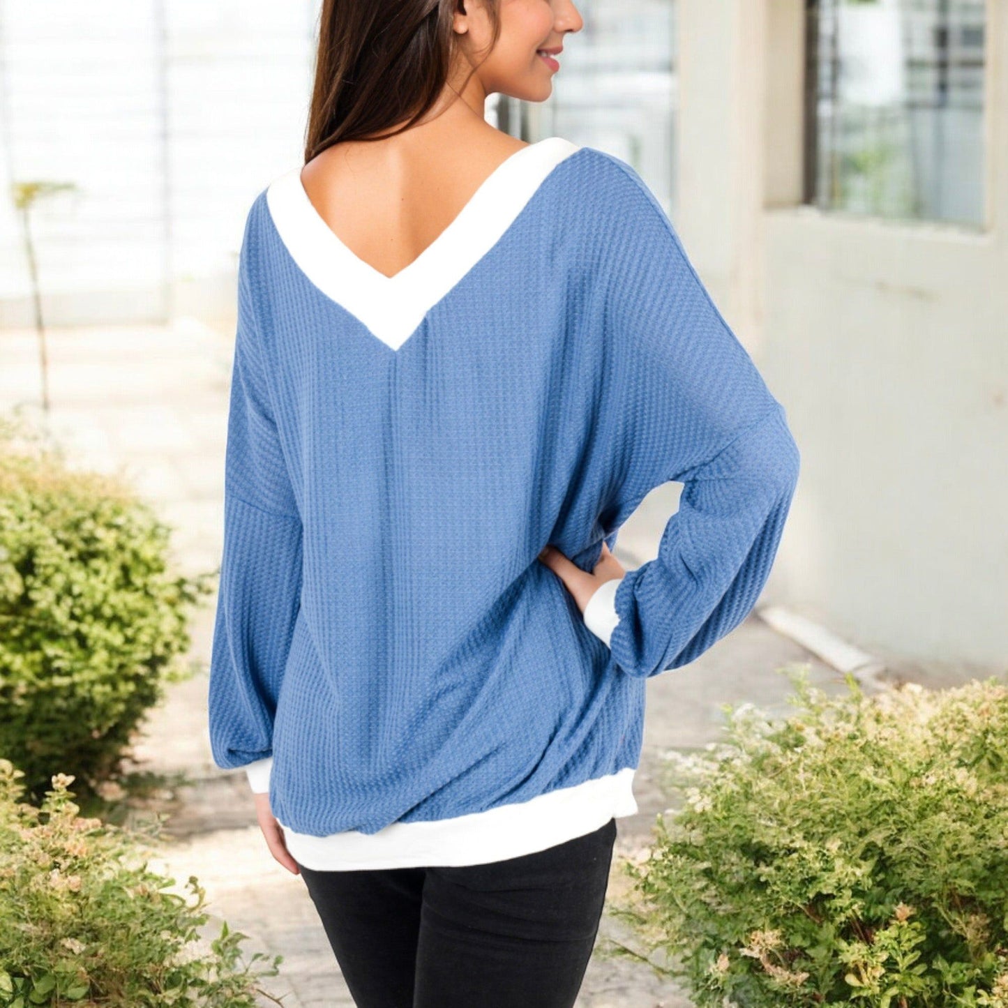 V-Neck Waffle Knit Long Sleeve Top Contrast Trim Relaxed Fit