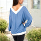 V-Neck Waffle Knit Long Sleeve Top Contrast Trim Relaxed Fit