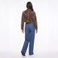 Leopard Print Cropped Denim Jacket Button Front Trucker Jacket with Chest Pockets