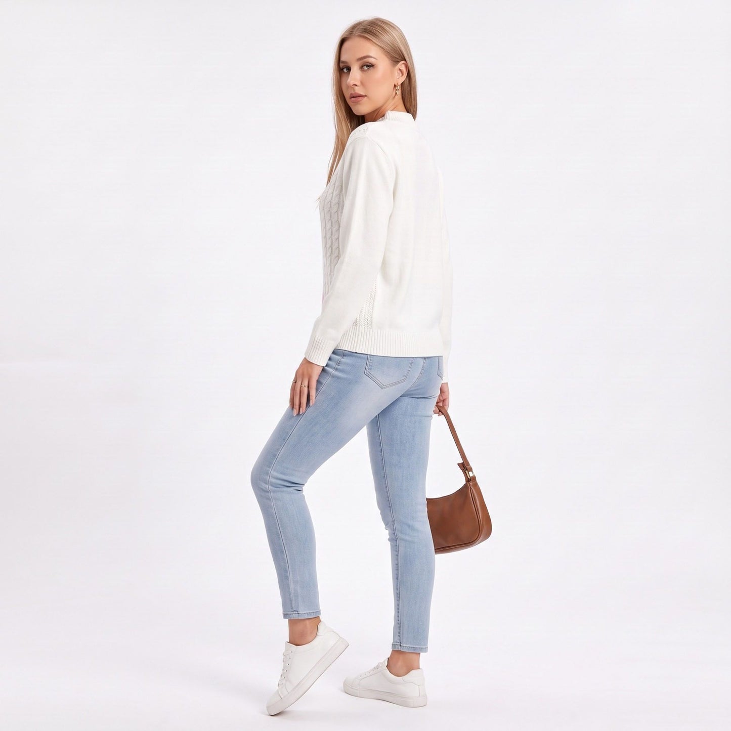 Argyle Cable Knit Mock Neck Sweater
