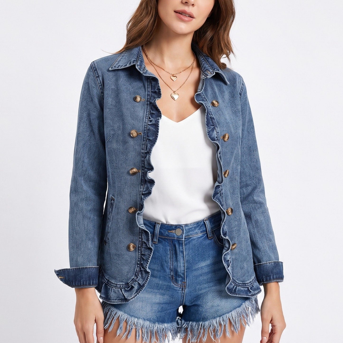 Ruffle Trim Denim Jacket Long Sleeve Button Front Jean Blazer with Collared Neck