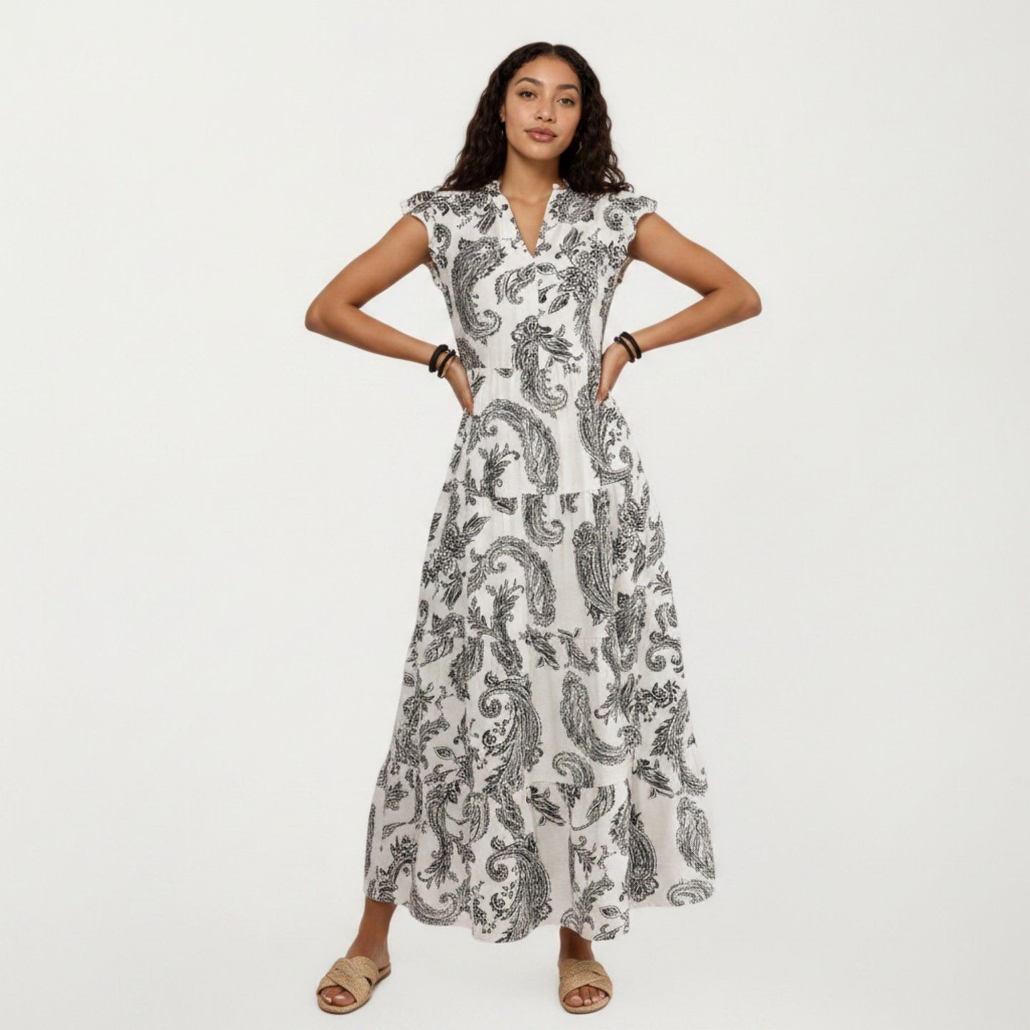 Paisley Print Flutter Sleeve Tiered Maxi Dress